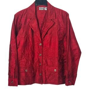 Chico's Women's Size 2 / Large Cranberry Red Silk Embroidered Jacket Long Sleeve